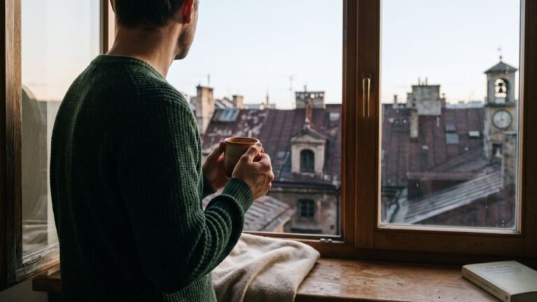 Homem de suéter verde, de costas, diante da janela de um apartamento no exterior ao amanhecer, com uma caneca nas mãos, olhando os telhados de uma cidade estrangeira