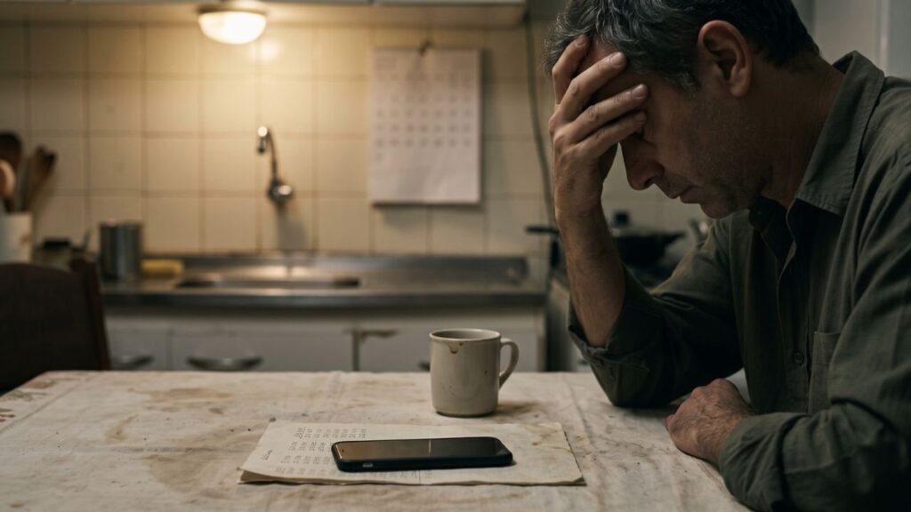 Homem sentado à mesa da cozinha à noite fazendo contas num papel, cabeça baixa e celular apagado ao lado, com um calendário de parede desfocado ao fundo
