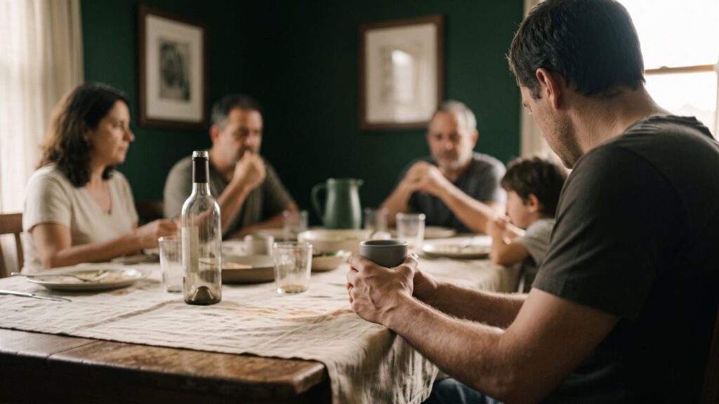 Homem calado no fim de um almoço de família, mãos em volta do copo e cabeça baixa, com as outras pessoas conversando desfocadas ao fundo