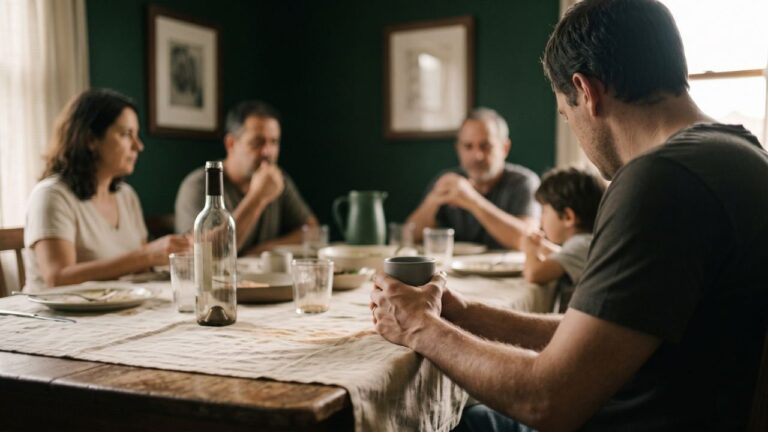 Homem calado no fim de um almoço de família, mãos em volta do copo e cabeça baixa, com as outras pessoas conversando desfocadas ao fundo