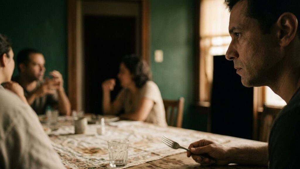 Homem à mesa de jantar de uma casa comum com a cabeça virada para o corredor atrás dele, garfo parado na mão, enquanto outras pessoas conversam desfocadas ao fundo