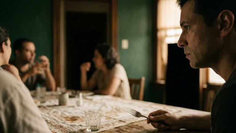 Homem à mesa de jantar de uma casa comum com a cabeça virada para o corredor atrás dele, garfo parado na mão, enquanto outras pessoas conversam desfocadas ao fundo