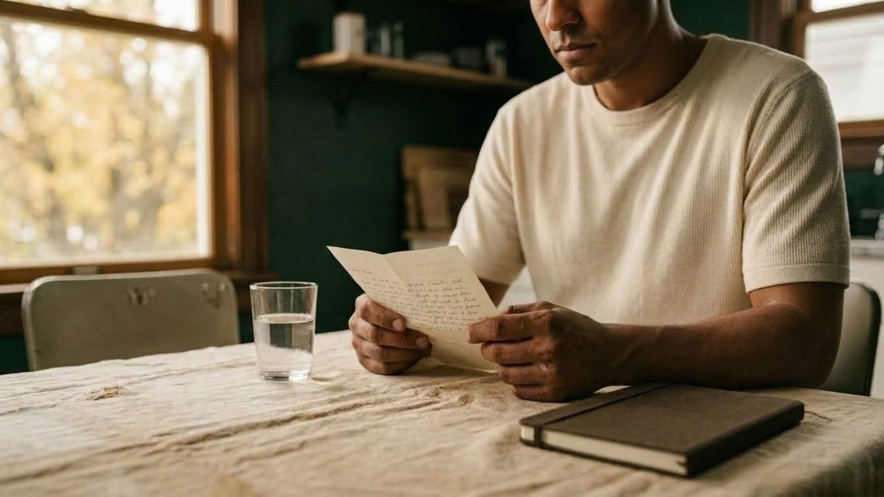 Homem sentado à mesa da cozinha lendo uma folha com anotações escritas à mão, com um copo de água e um caderno fechado ao lado, antes da primeira sessão de terapia