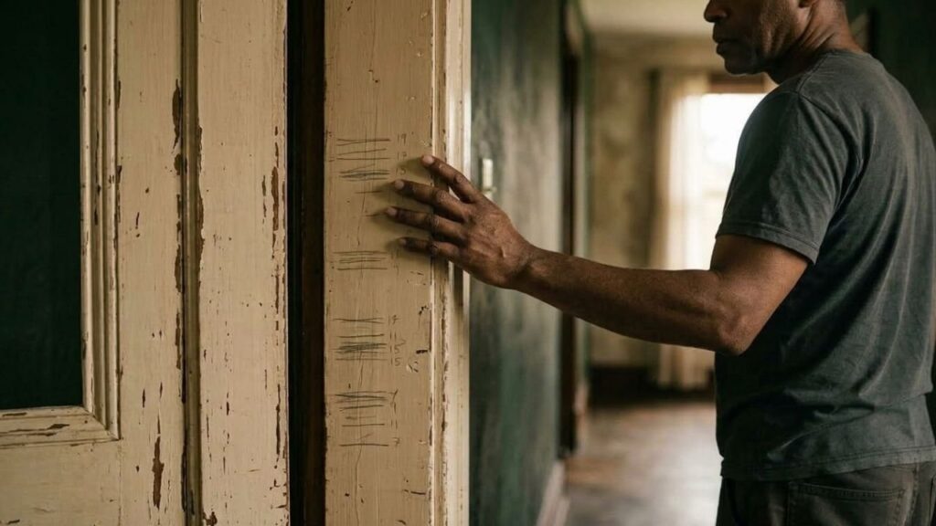Homem com a mão apoiada num batente de porta antigo marcado por riscos de lápis de altura, no corredor de uma casa, imagem sobre o tempo que dura uma terapia de trauma