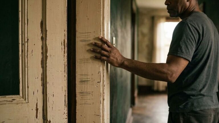 Homem com a mão apoiada num batente de porta antigo marcado por riscos de lápis de altura, no corredor de uma casa, imagem sobre o tempo que dura uma terapia de trauma