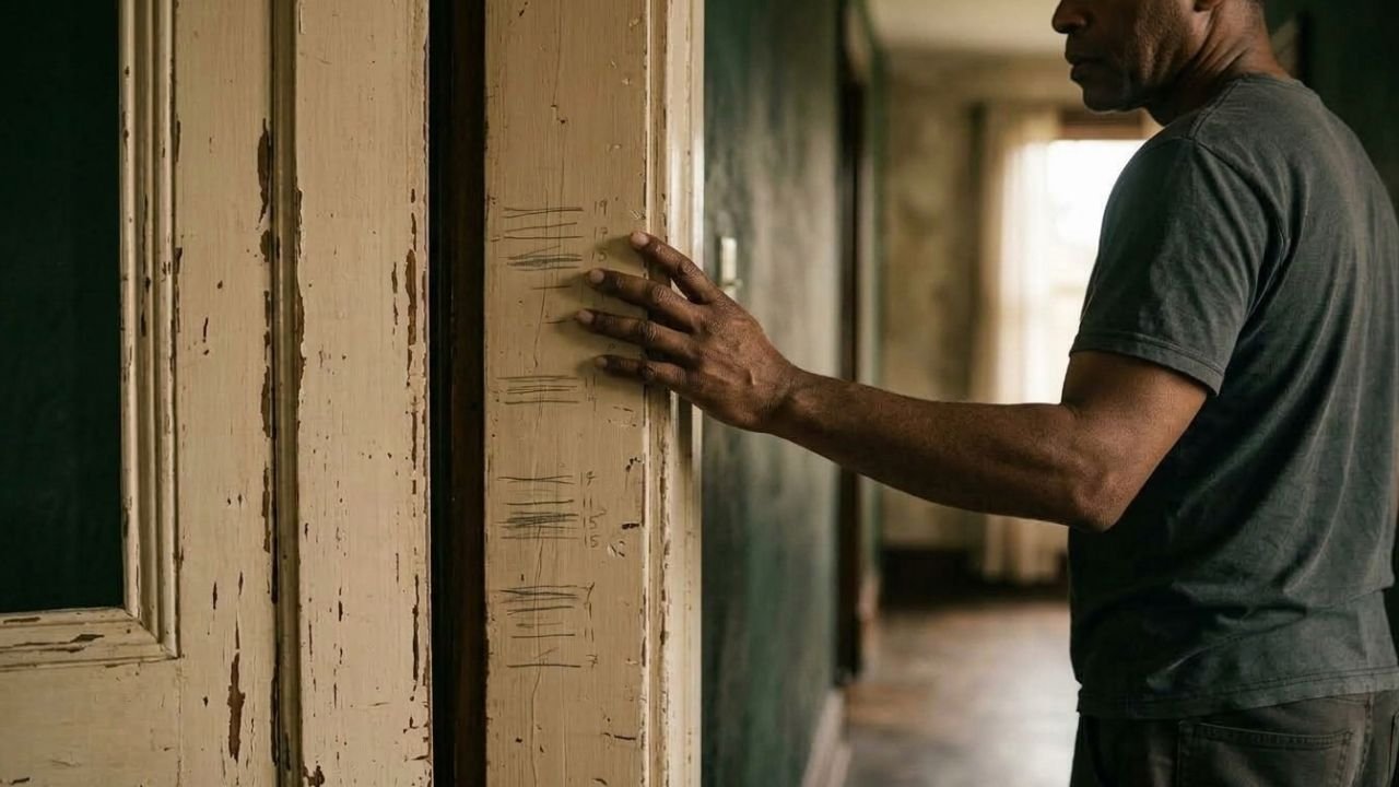 Homem com a mão apoiada num batente de porta antigo marcado por riscos de lápis de altura, no corredor de uma casa, imagem sobre o tempo que dura uma terapia de trauma
