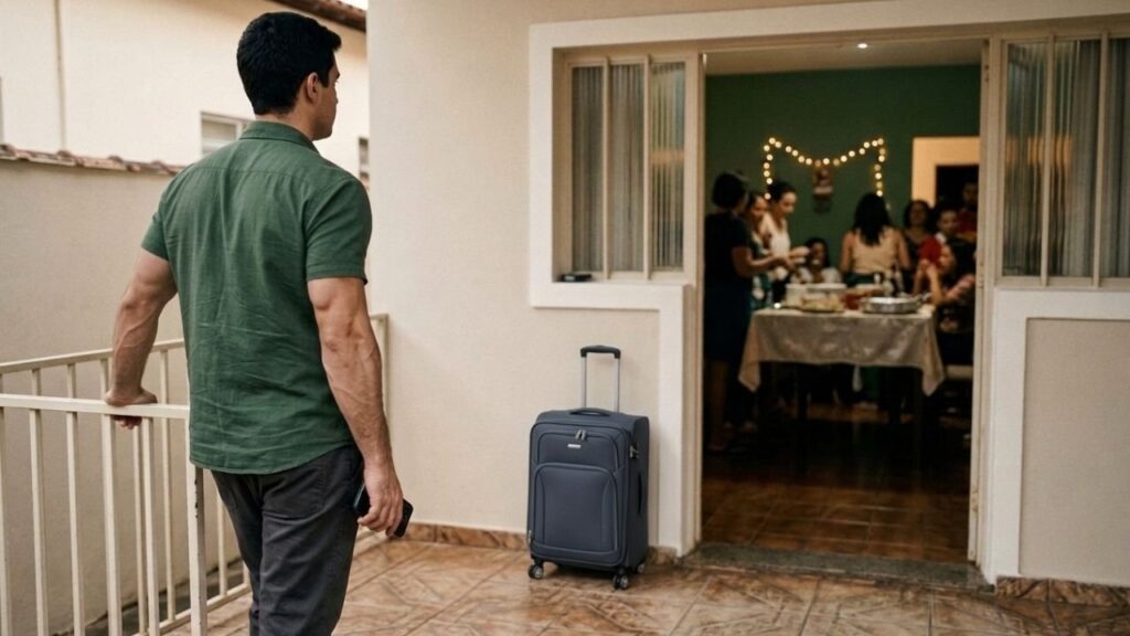 Homem de costas na varanda de uma casa de família no Brasil durante uma festa de fim de ano, olhando para a rua, imagem sobre rever o abusador no Natal